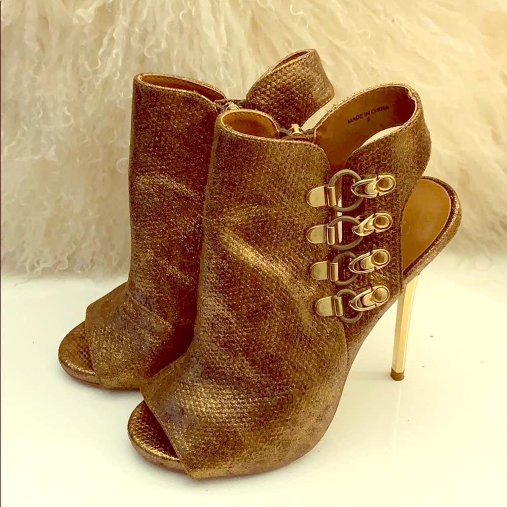 BEBE BRONZE OPEN TOE BOOTIES - SIZE 5